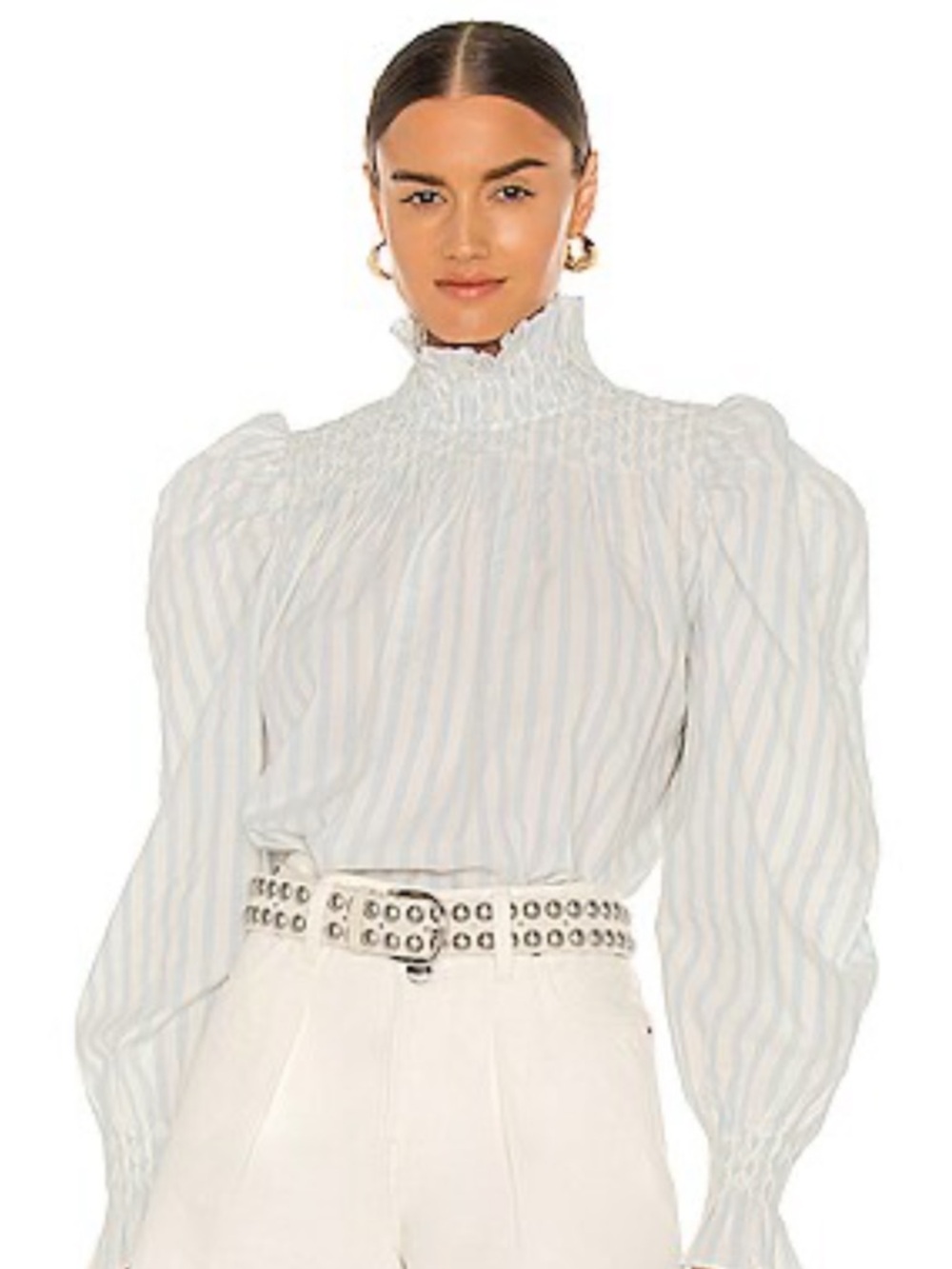 Citizens Of Humanity White & Light Blue Smocked High-Neck Puff Sleeve Blouse